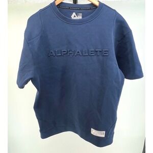 Alphalete ELMTS Mens Navy Blue Embossed Logo Short Sleeve Crewneck Sweatshirt
